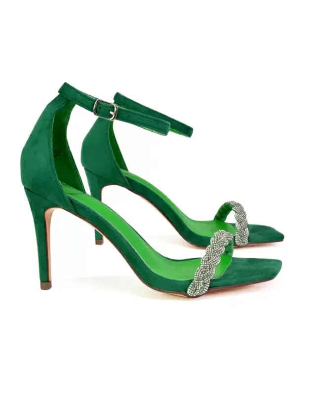 Peyton Diamante Strappy Party Square Toe Mid High Heel Stiletto Sandals in Green made by XYlondon