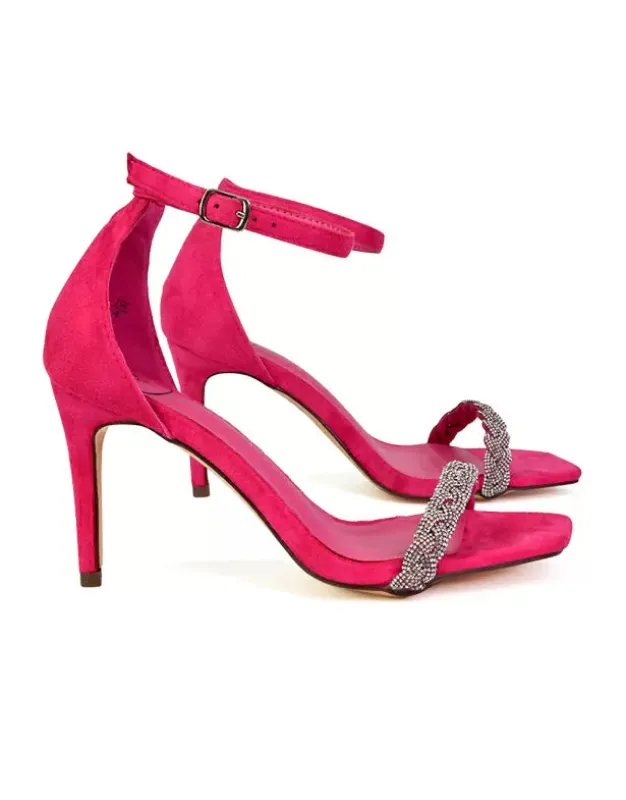 Peyton Diamante Strappy Party Square Toe Mid High Heel Stiletto Sandals in Fuchsia sold by XYlondon