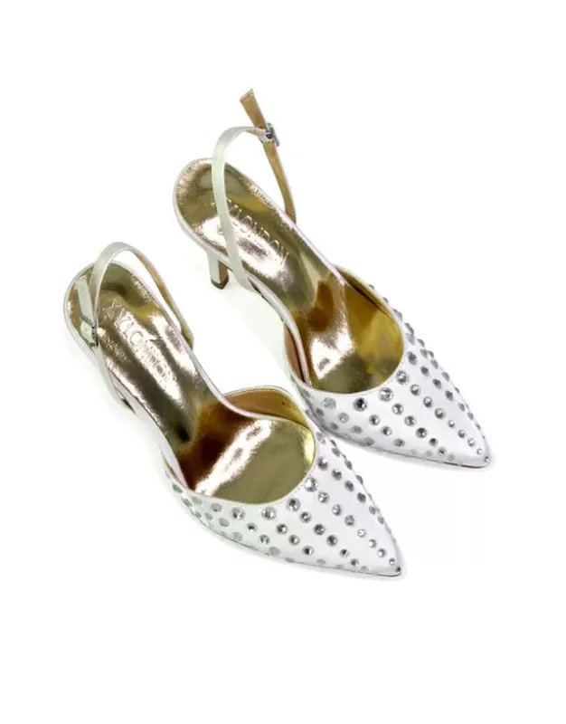 Shelly Strappy Slingback Pointed Toe Diamante Stiletto Bridal Heels in Ivory sold by XYlondon