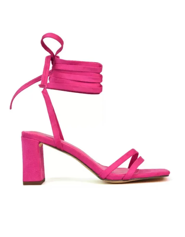 Tanyel Strappy Lace up Faux Suede Mid Block Heel Sandals in Fuchsia sold by XYlondon