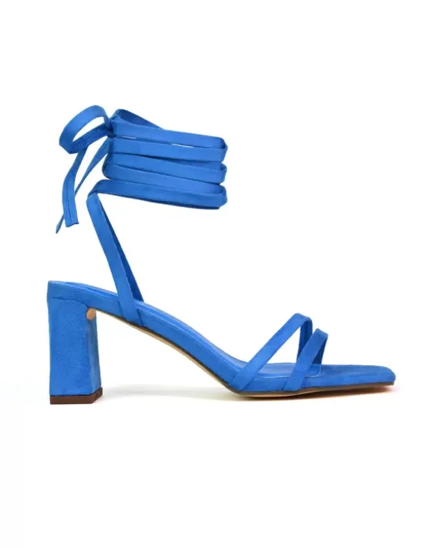 Tanyel Strappy Lace up Faux Suede Mid Block Heel Sandals in Blue sold by XYlondon