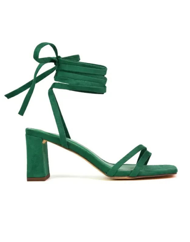 Tanyel Strappy Lace up Faux Suede Mid Block Heel Sandals in Green sold by XYlondon