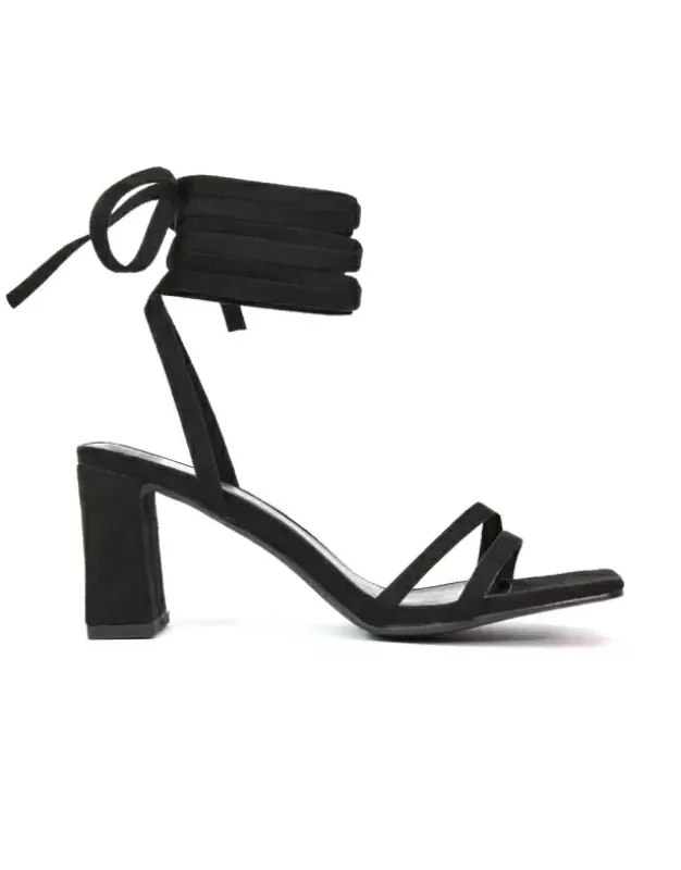 Tanyel Strappy Lace up Faux Suede Mid Block Heel Sandals in Black sold by XYlondon