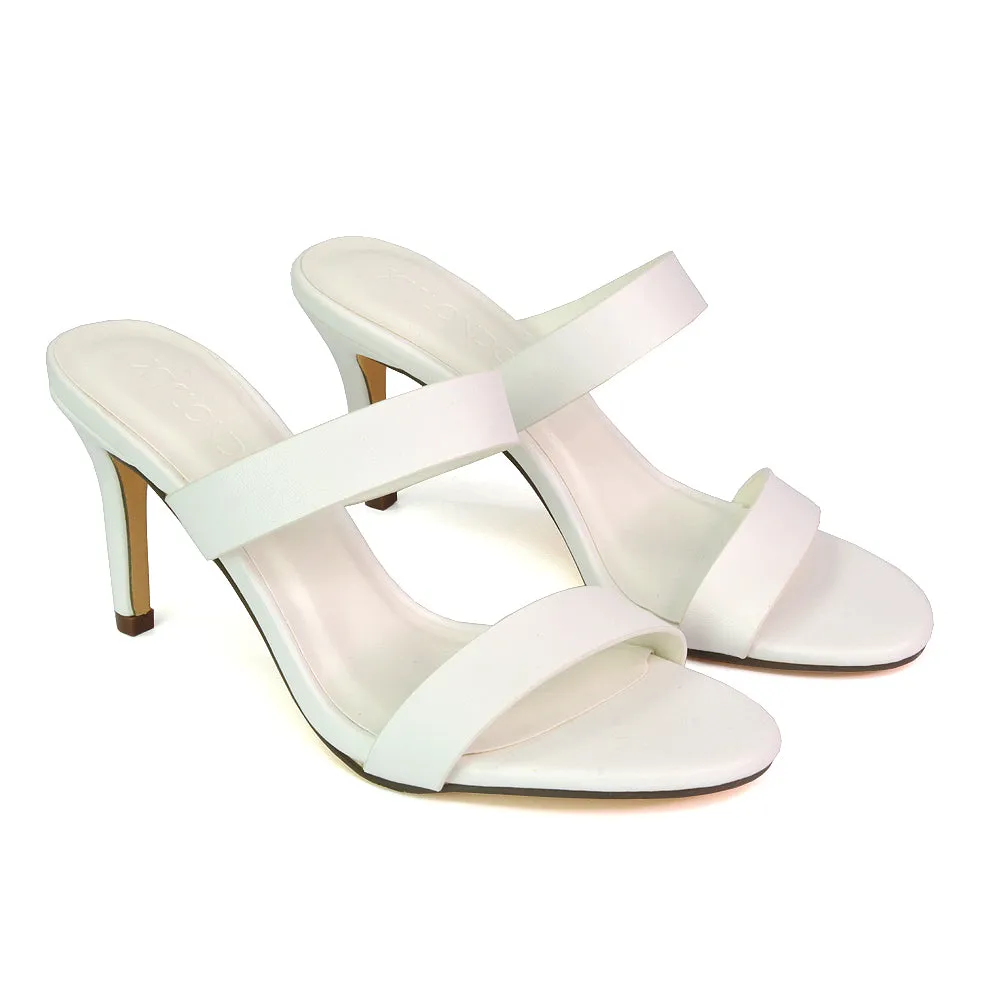 Wolf Round Toe Double Strap Stiletto High Heel Mule Sandals in White sold by XYlondon