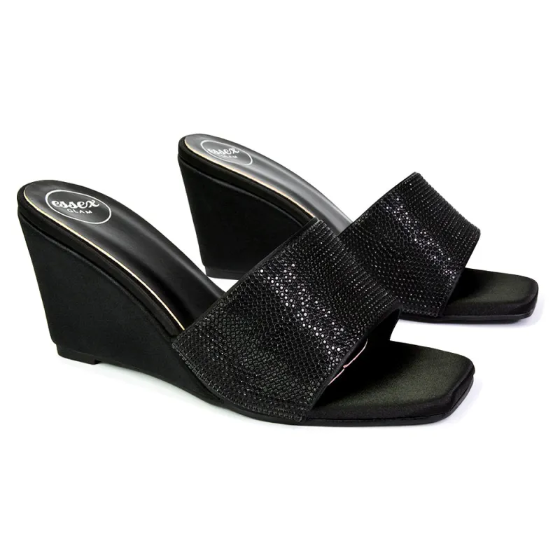 Eliza Slip On Mule Diamante Sandal Wedge Heels With Square Toe in Black sold by XYlondon