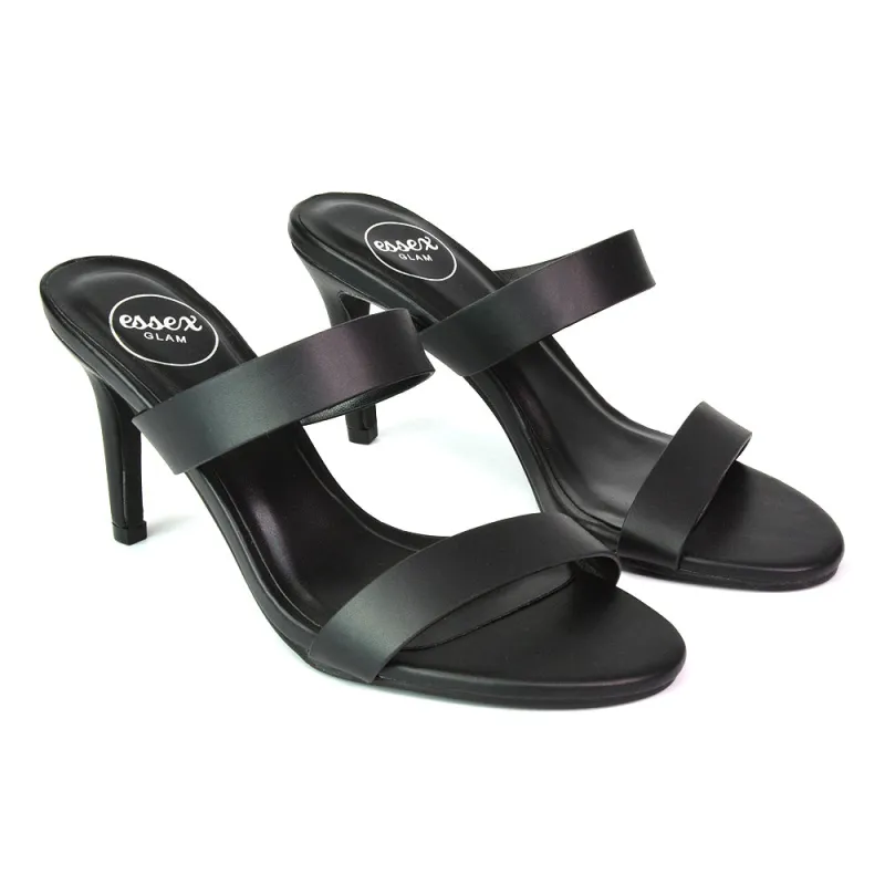 Wolf Round Toe Double Strap Stiletto High Heel Mule Sandals in Black sold by XYlondon