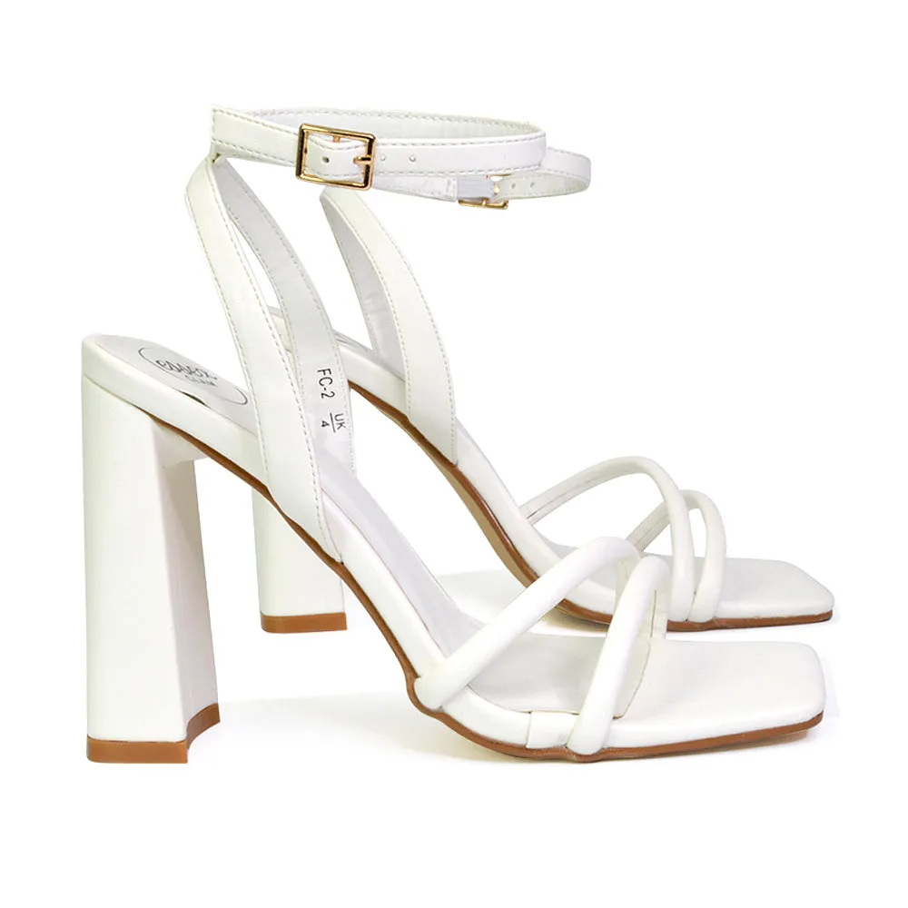 Sorbet Faux Suede Square Toe Strappy Block High Heel Sandals in White sold by XYlondon product image thumbnail 5