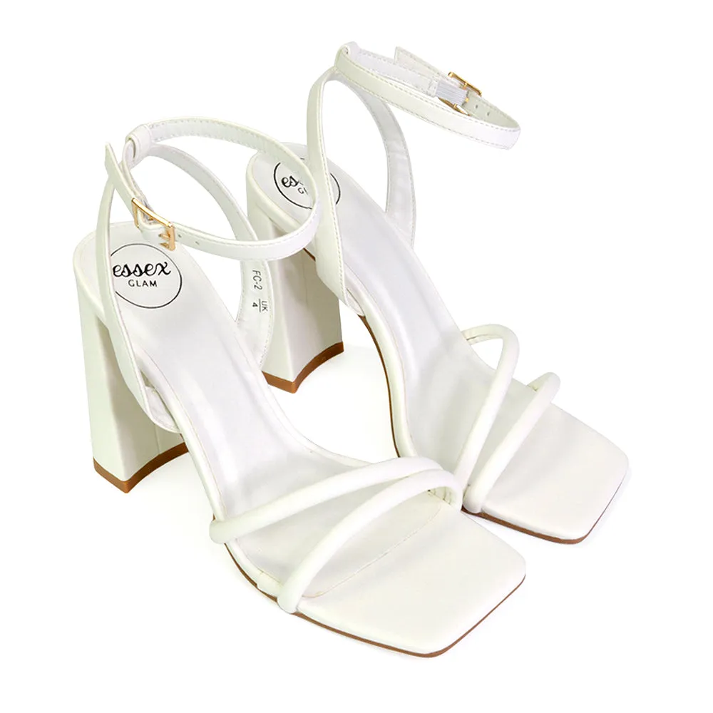 Sorbet Faux Suede Square Toe Strappy Block High Heel Sandals in White sold by XYlondon