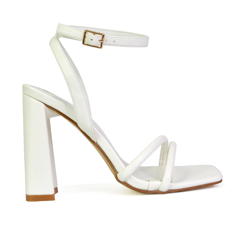 Sorbet Faux Suede Square Toe Strappy Block High Heel Sandals in White sold by XYlondon product image thumbnail 3