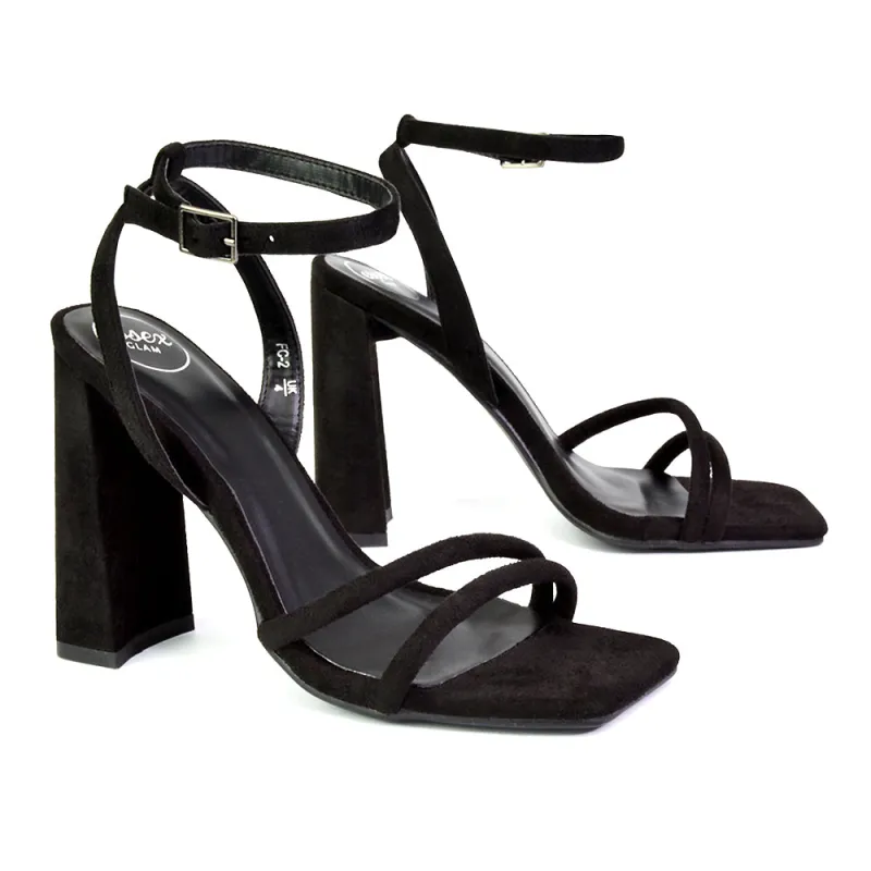 Sorbet Faux Suede Square Toe Strappy Block High Heel Sandals in Black sold by XYlondon