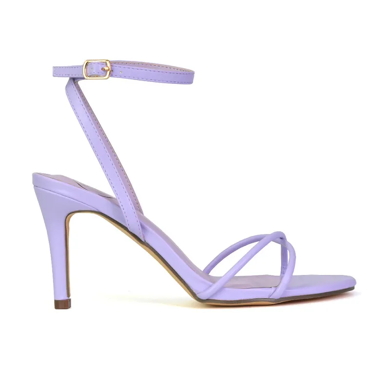 Ridge Strappy Round Toe Mid High Heel Stiletto Sandals in Lilac Faux Suede sold by XYlondon