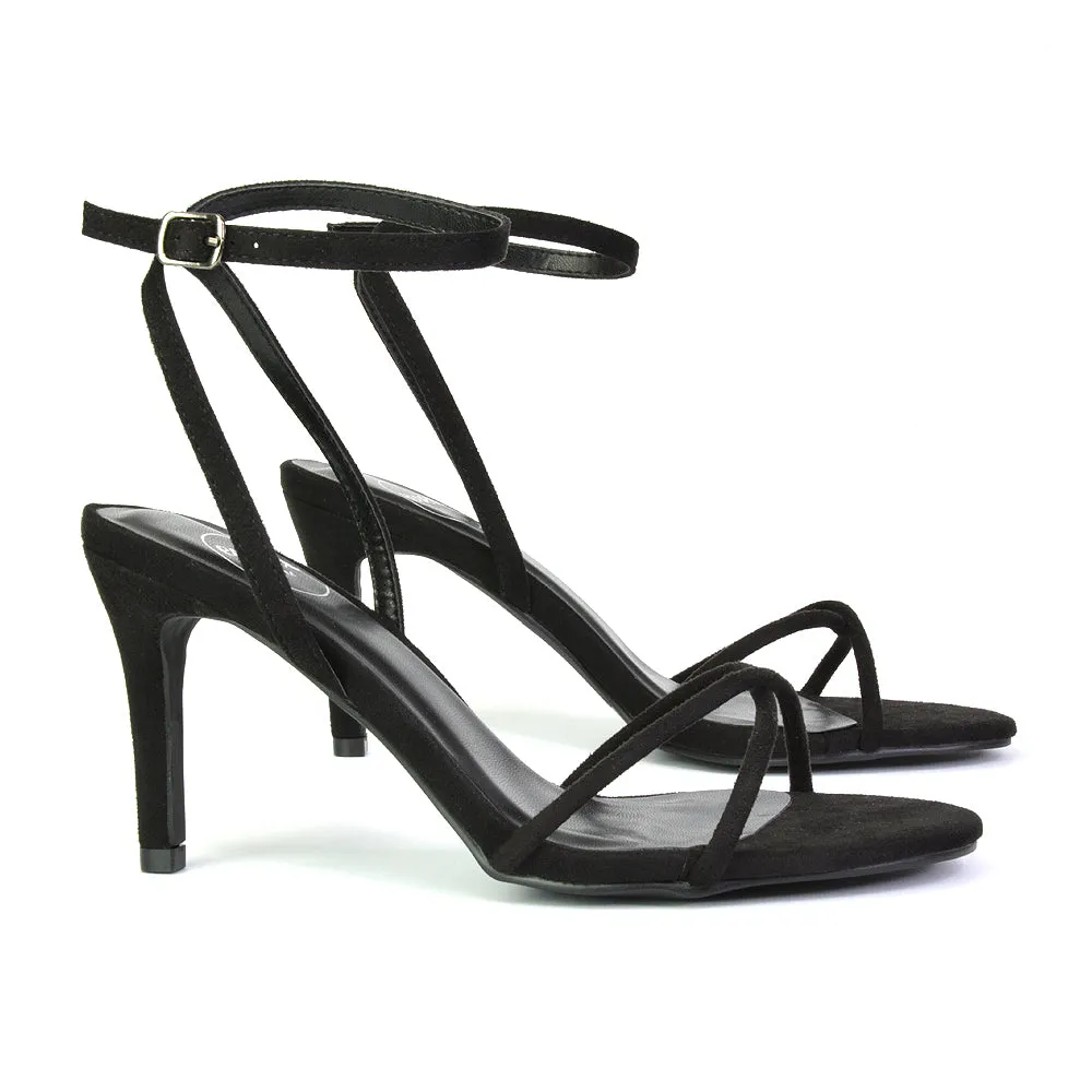 Ridge Strappy Mid Heel Stiletto Heeled Sandals in Black Faux Suede sold by XYlondon product image thumbnail 5