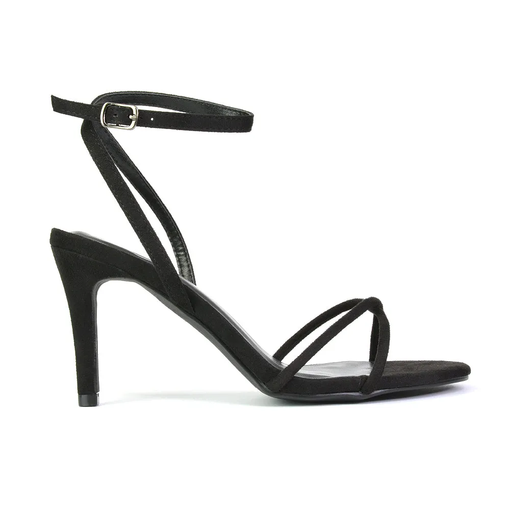 Ridge Strappy Mid Heel Stiletto Heeled Sandals in Black Faux Suede sold by XYlondon