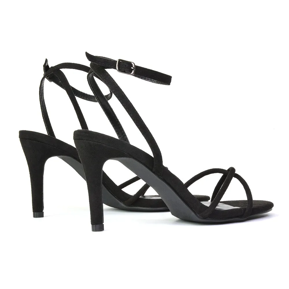Ridge Strappy Mid Heel Stiletto Heeled Sandals in Black Faux Suede sold by XYlondon product image thumbnail 2