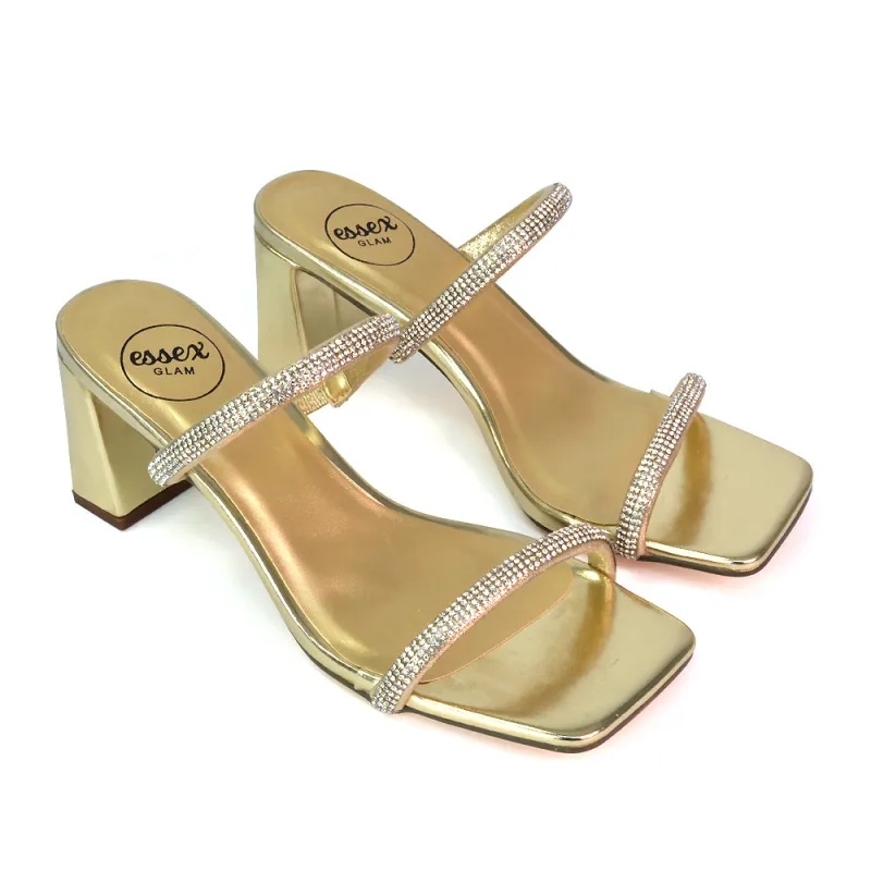Holden Diamante Strap Square Toe Mid Block Heel Sandal Mules in Gold sold by XYlondon