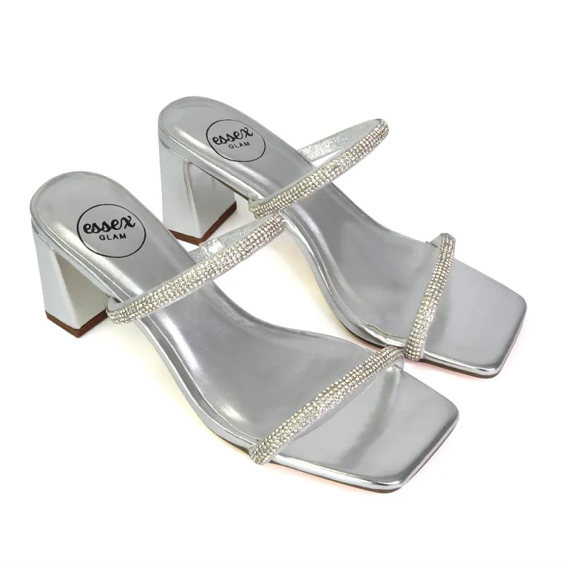 Holden Diamante Strap Square Toe Mid Block Heel Sandal Mules in Silver sold by XYlondon