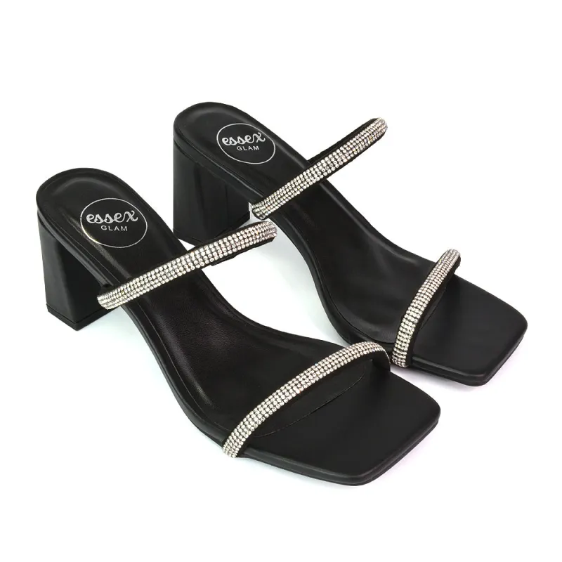Holden Diamante Strap Square Toe Mid Block Heel Sandal Mules in Black sold by XYlondon