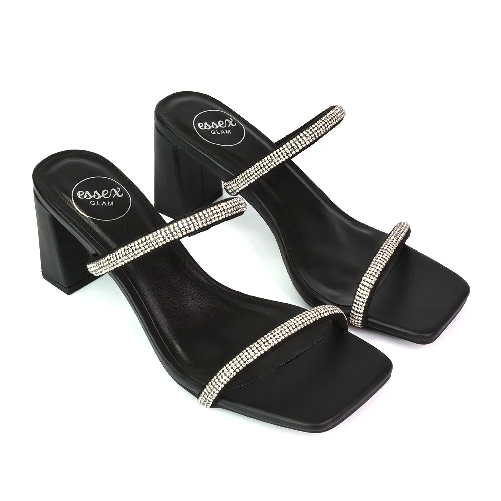 Holden Diamante Strap Square Toe Mid Block Heel Sandal Mules in Black sold by XYlondon