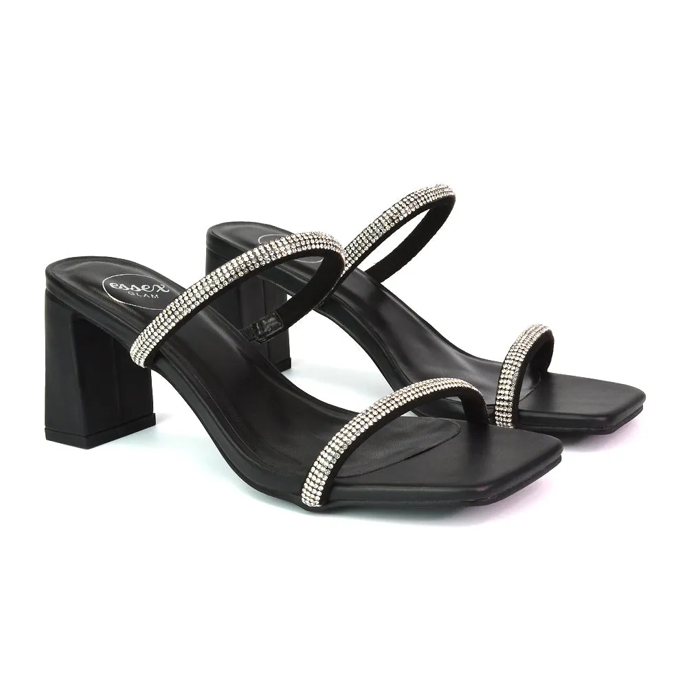 Holden Diamante Strap Square Toe Mid Block Heel Sandal Mules in Black sold by XYlondon product image thumbnail 4