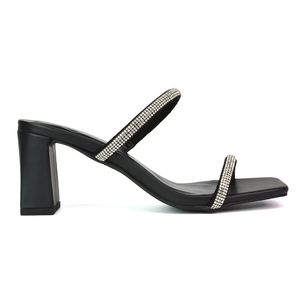 Holden Diamante Strap Square Toe Mid Block Heel Sandal Mules in Black sold by XYlondon product image thumbnail 3