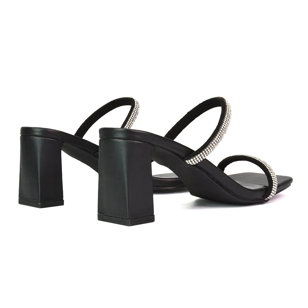 Holden Diamante Strap Square Toe Mid Block Heel Sandal Mules in Black sold by XYlondon product image thumbnail 2