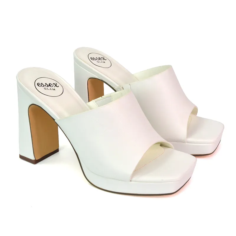 Presley Square Toe Strappy Platform Block High Heel Mule Sandals in White sold by XYlondon