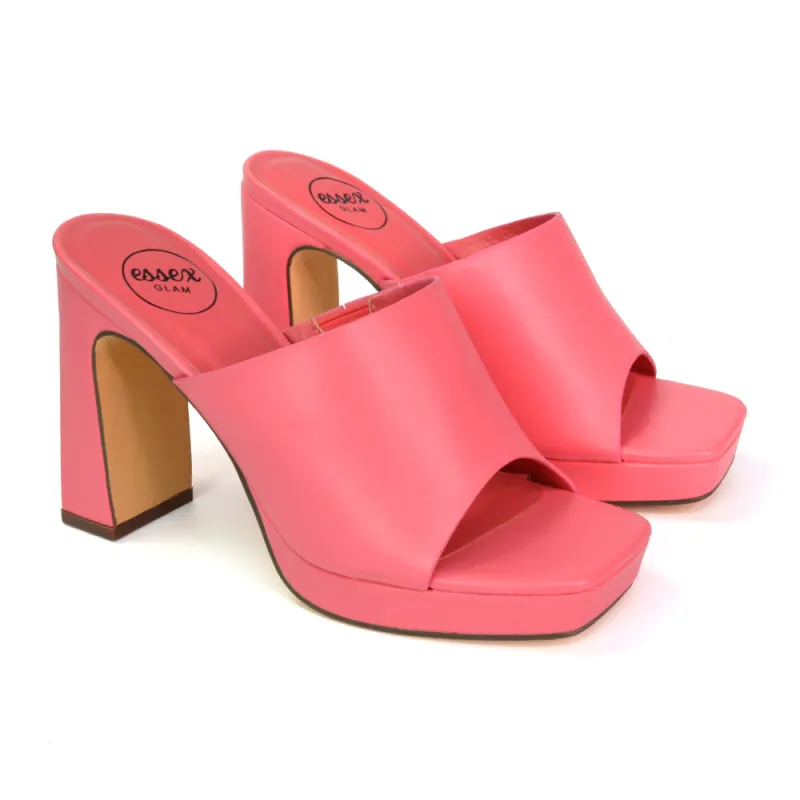 Presley Square Toe Strappy Platform Block High Heel Mule Sandals in Shell PInk sold by XYlondon