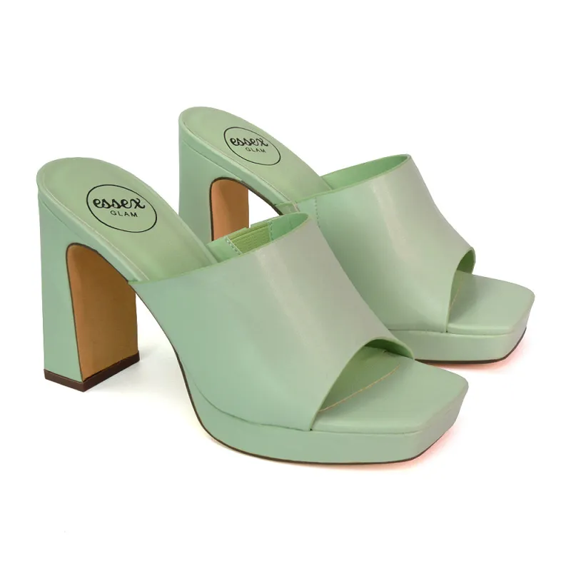 Presley Square Toe Strappy Platform Block High Heel Mule Sandals in River Aqua sold by XYlondon