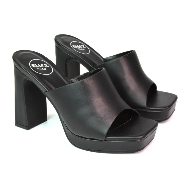 Presley Square Toe Strappy Platform Block High Heel Mule Sandals in Black sold by XYlondon