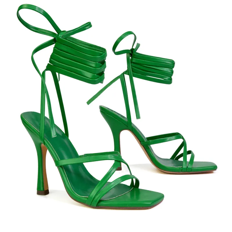 Kyra Lace Up High Heel Stilettos Sandals with Square Toe in Green sold by XYlondon