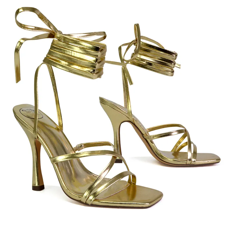 Kyra Lace Up High Heel Stilettos Sandals with Square Toe in Gold sold by XYlondon