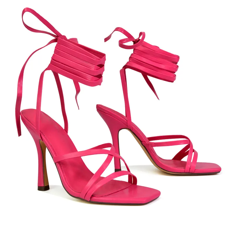 Kyra Lace Up High Heel Stilettos Sandals with Square Toe in Fuchsia sold by XYlondon