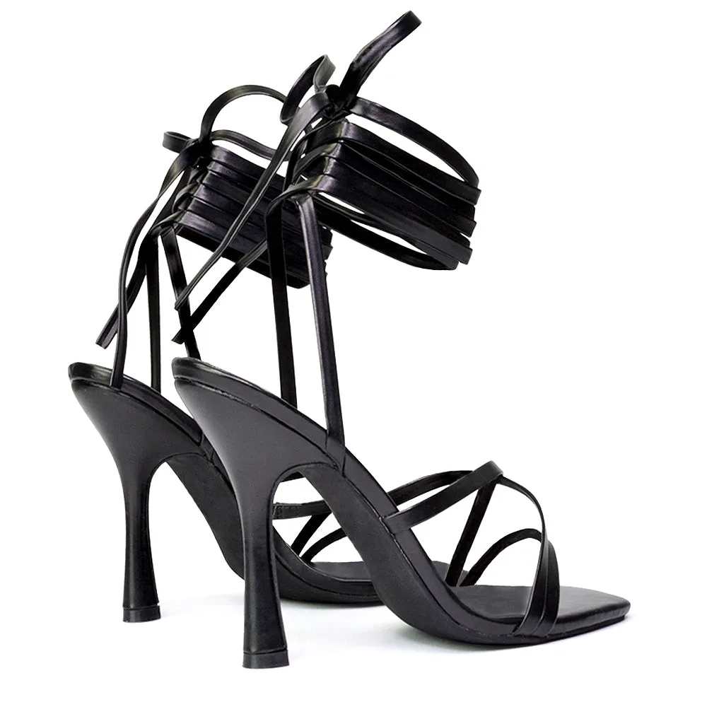 Kyra Lace Up High Heel Stilettos Sandals with Square Toe in Black sold by XYlondon product image thumbnail 4