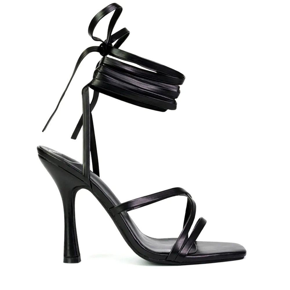 Kyra Lace Up High Heel Stilettos Sandals with Square Toe in Black sold by XYlondon product image thumbnail 2