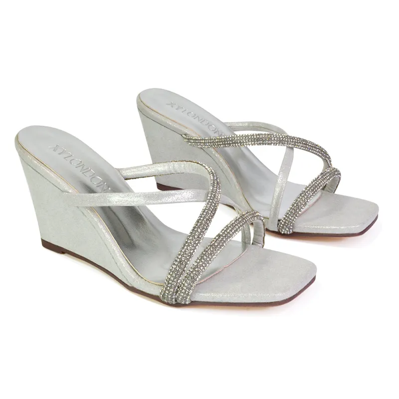 Kinsley Slip on Heeled Mules Diamante Strappy Square Toe Sandal Wedge Heel in Silver sold by XYlondon