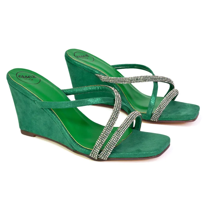 Kinsley Slip on Heeled Mules Diamante Strappy Square Toe Sandal Wedge Heel in Green sold by XYlondon