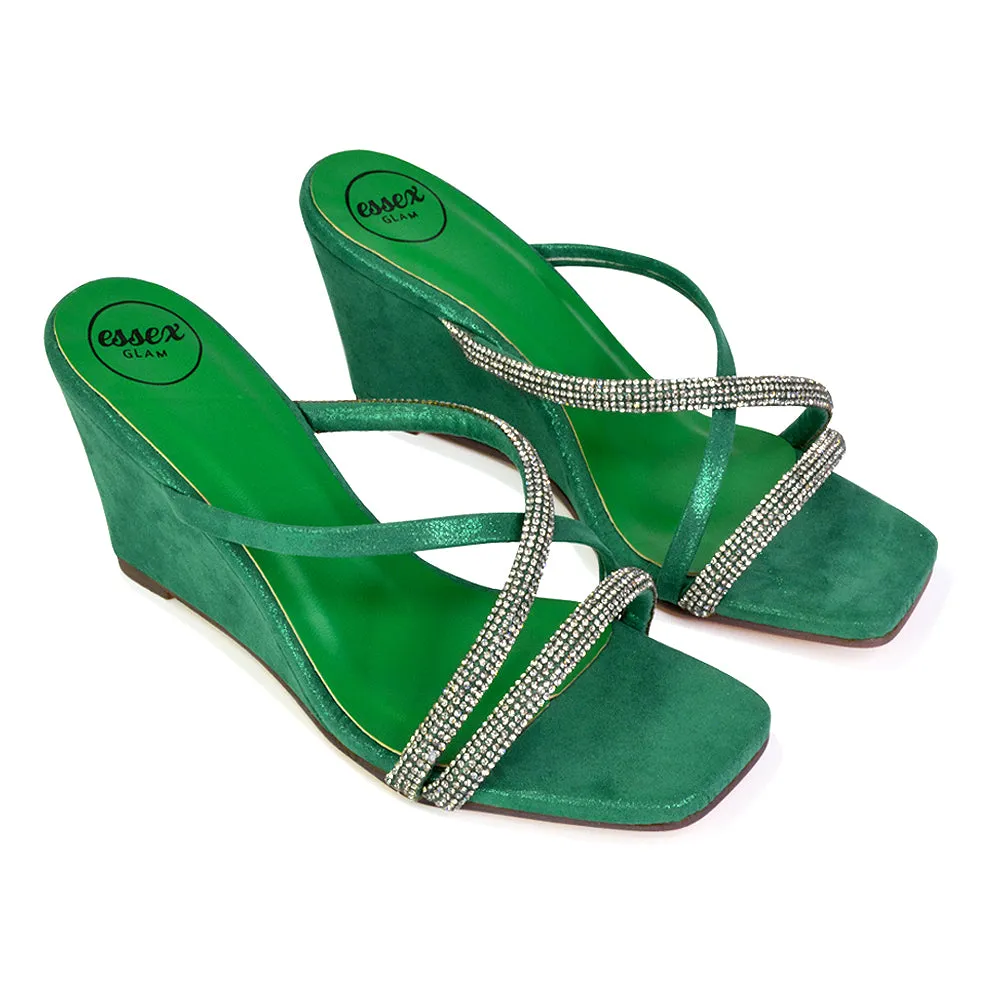 Kinsley Slip on Heeled Mules Diamante Strappy Square Toe Sandal Wedge Heel in Green sold by XYlondon product image thumbnail 5
