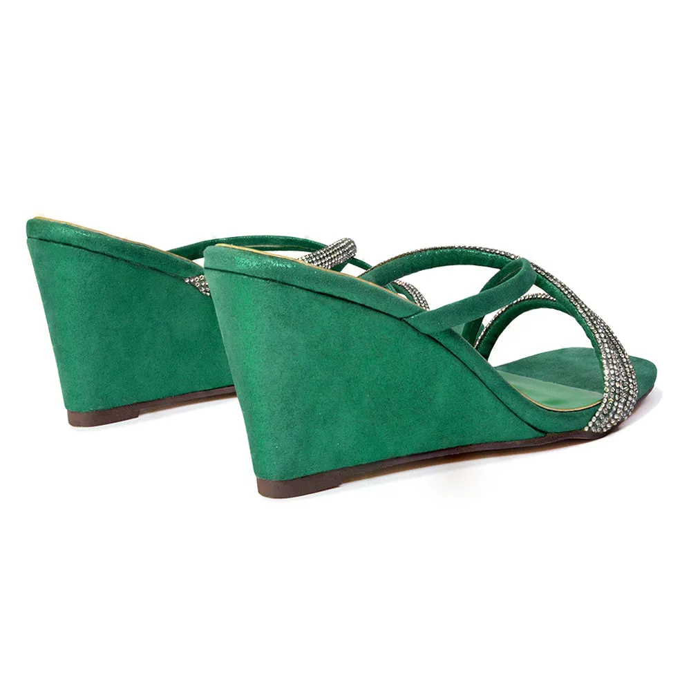 Kinsley Slip on Heeled Mules Diamante Strappy Square Toe Sandal Wedge Heel in Green sold by XYlondon product image thumbnail 2