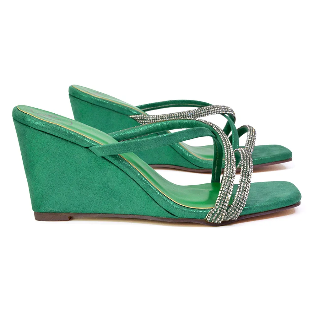 Kinsley Slip on Heeled Mules Diamante Strappy Square Toe Sandal Wedge Heel in Green sold by XYlondon product image thumbnail 4