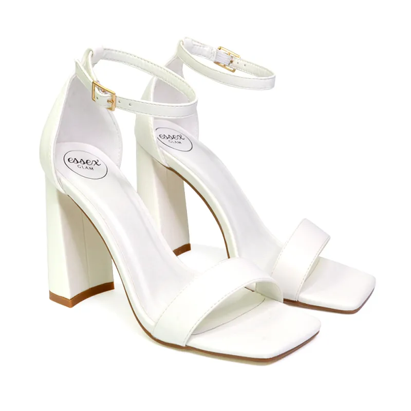 Kamryn Buckle Up Ankle Strap Square Toe Block High Heel Sandals in White sold by XYlondon