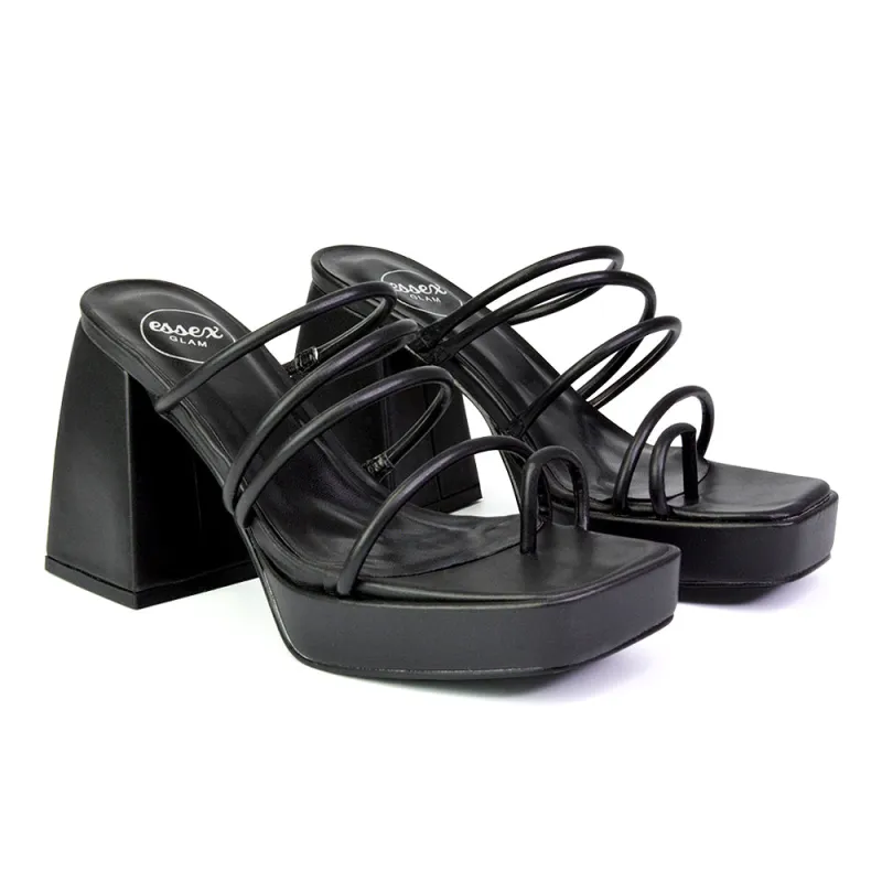 Colt Platform Strappy Square Toe Block High Heeled Mules Sandals in Black PU sold by XYlondon