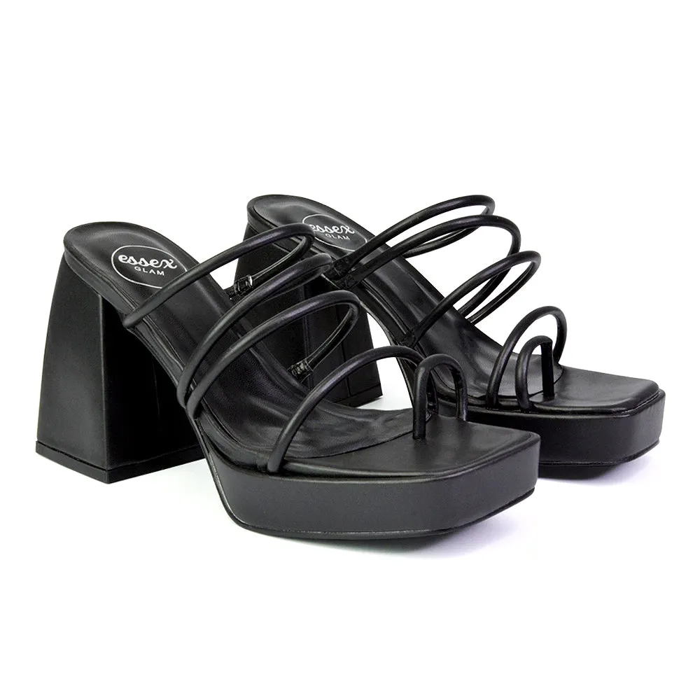 Colt Platform Strappy Square Toe Block High Heeled Mules Sandals in Black PU sold by XYlondon