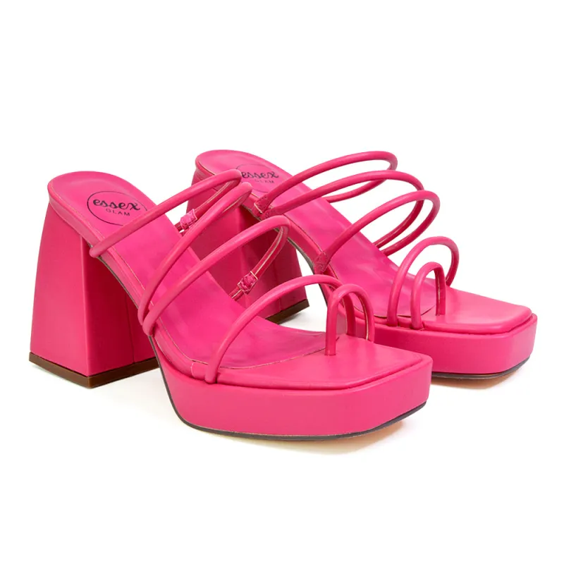 Colt Platform Strappy Square Toe Block High Heeled Mules Sandals in Fuchsia sold by XYlondon