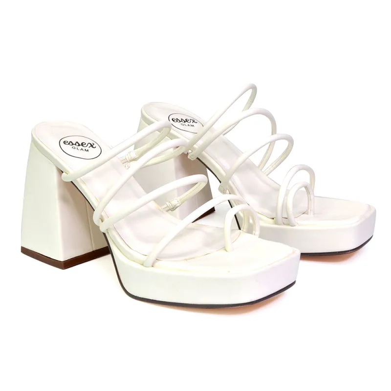 Colt Platform Strappy Square Toe Block High Heeled Mules Sandals in White sold by XYlondon