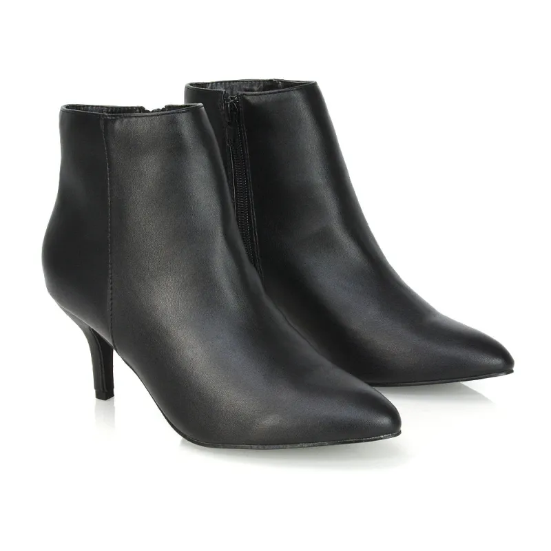 Anastasia Low mid Kitten High Heel Stiletto Zip-up Ankle Boots in Black PU sold by XYlondon
