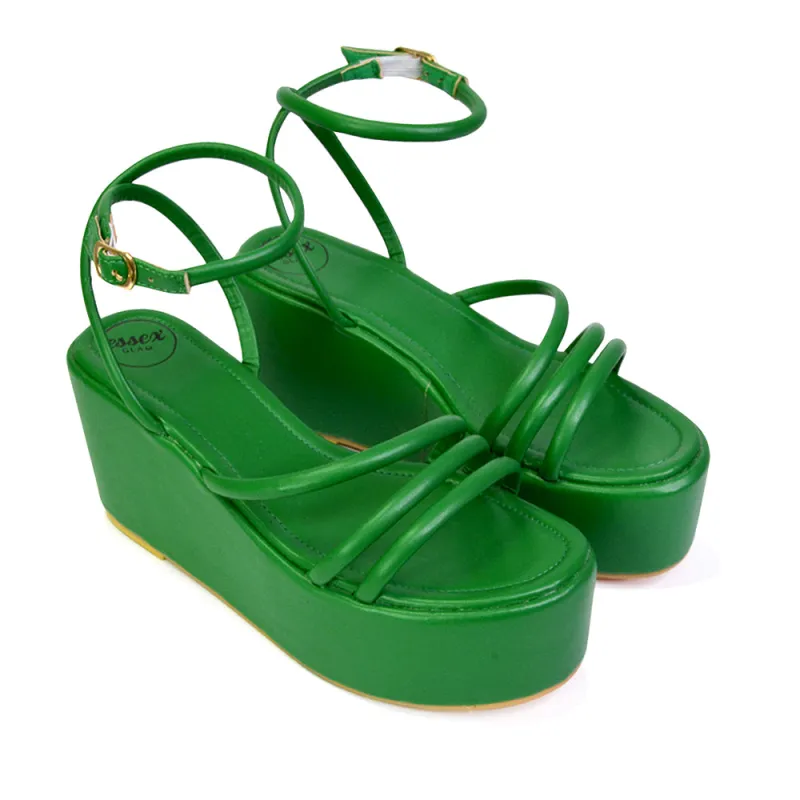 Birdie Ankle Strap Platform Sandal Wedge Heel Flatforms in Green sold by XYlondon
