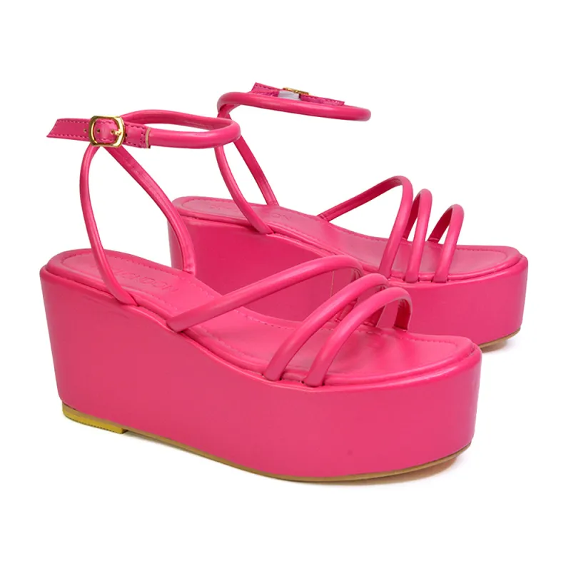 Birdie Ankle Strap Platform Sandal Wedge Heel Flatforms in Fuchsia sold by XYlondon