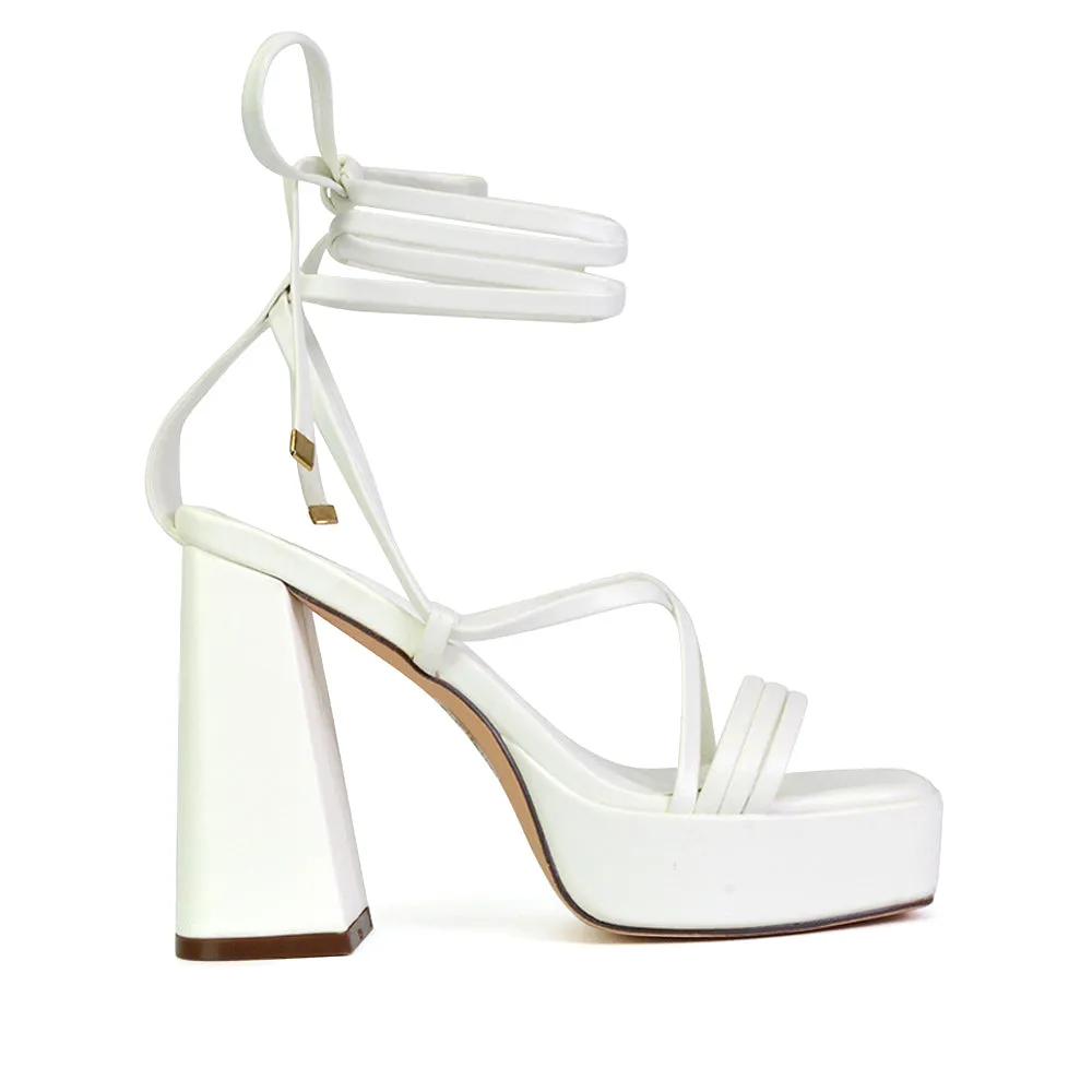 Eden Square Toe Lace Up Strappy Platform Flared Block High Heels in White sold by XYlondon product image thumbnail 2