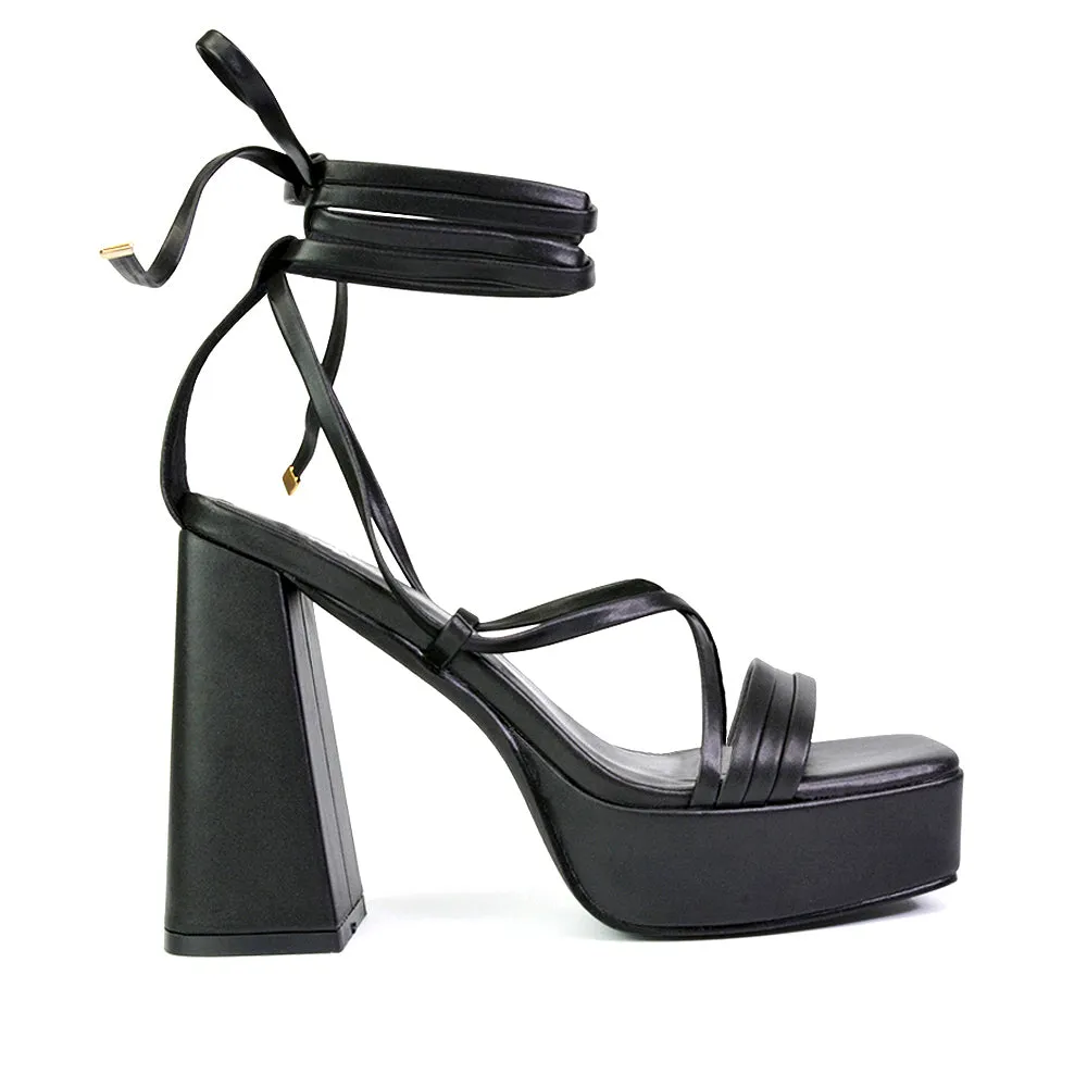 Eden Square Toe Lace Up Strappy Platform Flared Block High Heels in Black sold by XYlondon product image thumbnail 2