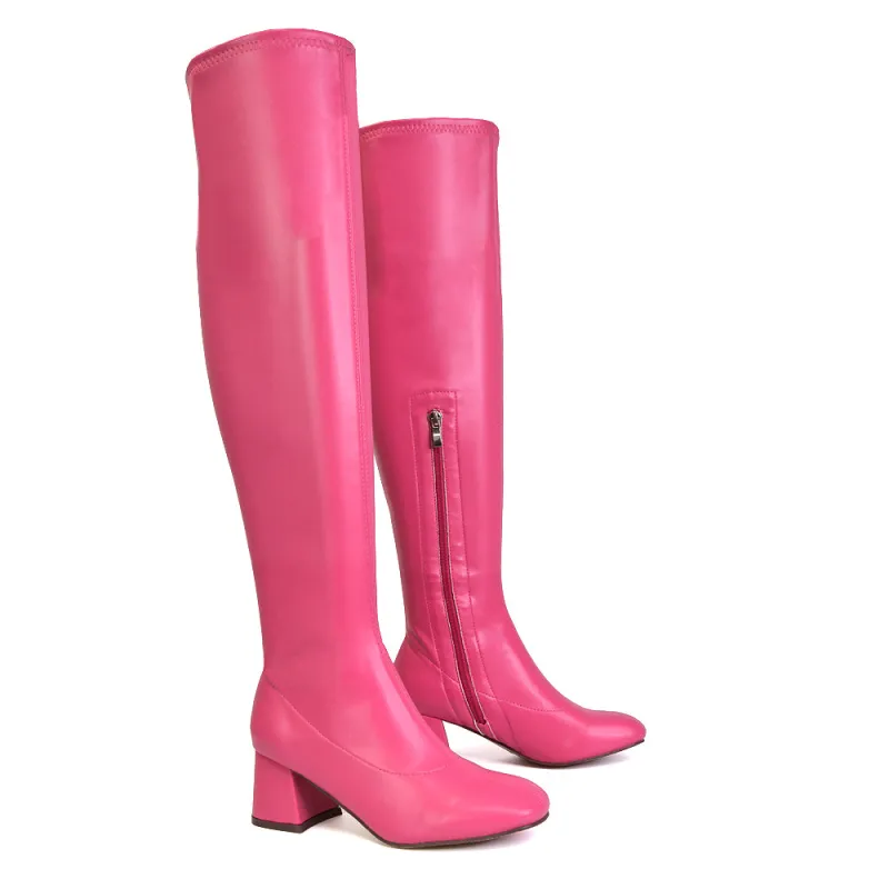 Emmett Flared Mid Block Heel Over the Knee Boots In Pink Synthetic Leather sold by XYlondon